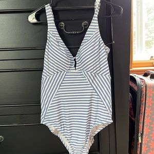 White and blue one piece bathing suit